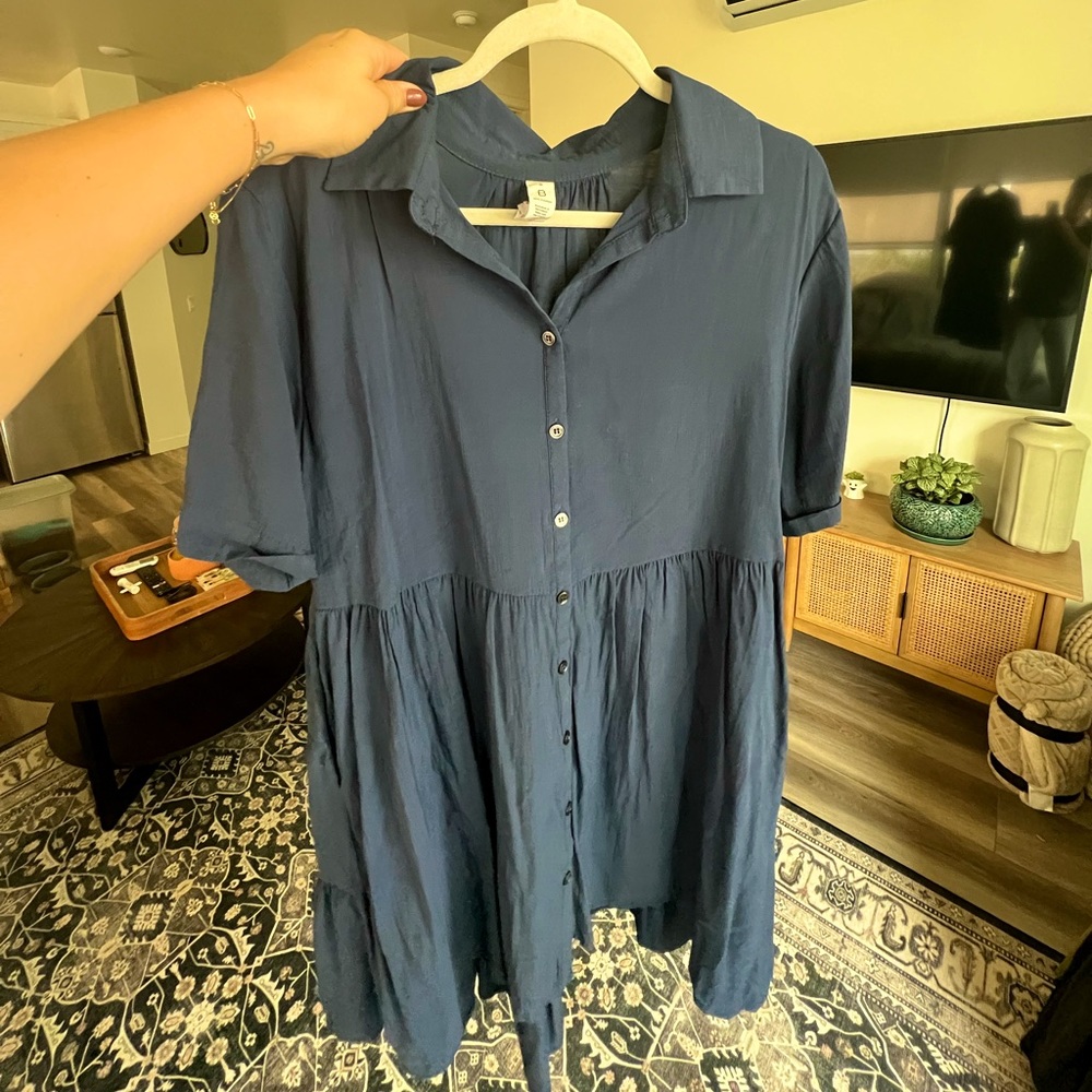 Navy mini button down dress - Picture 2 of 3